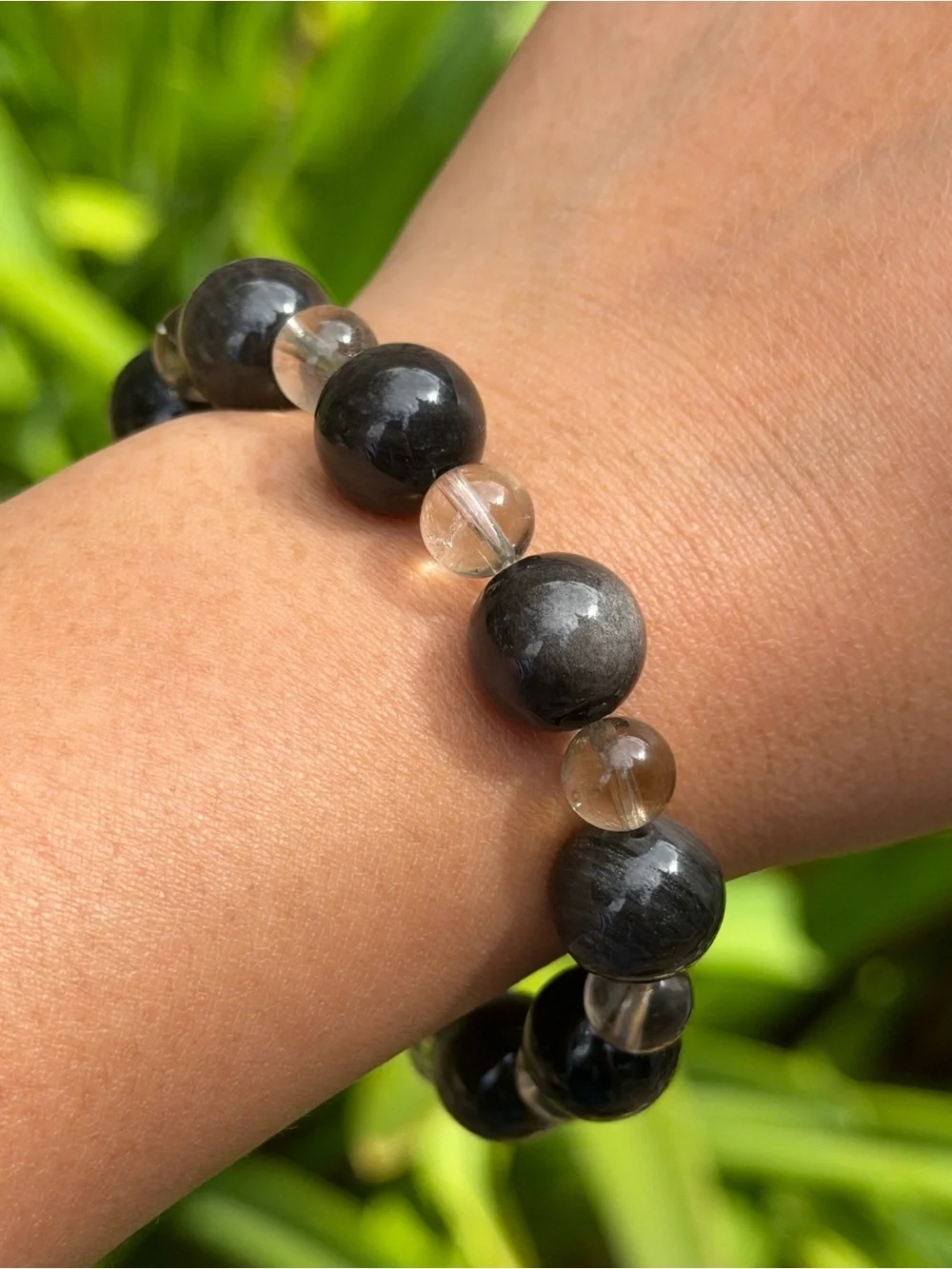 12mm Silver Obsidian Smoky Quartz Stretch Bracelet 2328